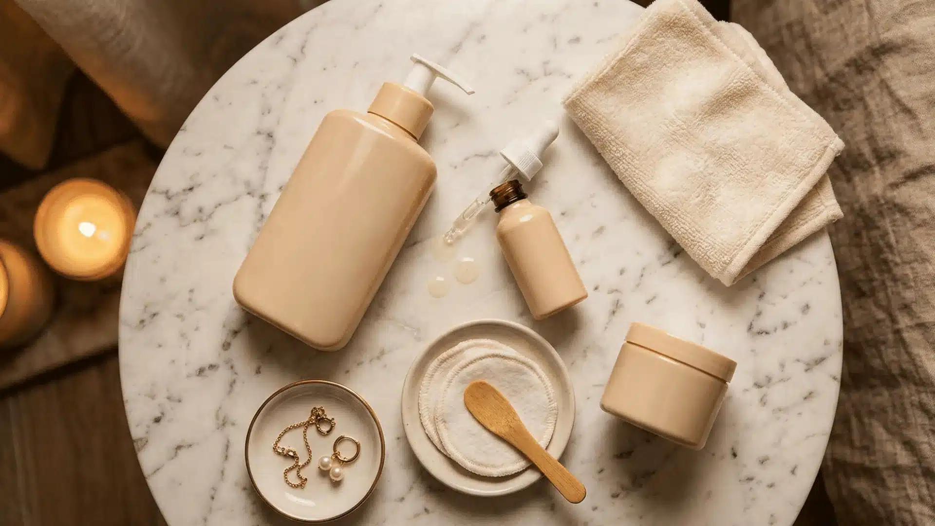 Skincare products, dropper bottle, towels, and jewelry arranged on a marble surface