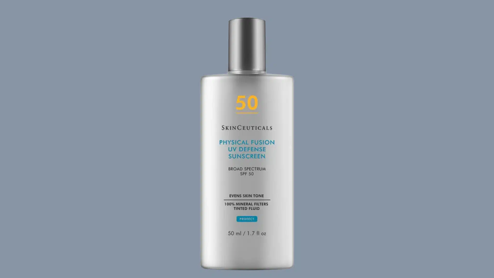 SkinCeuticals Physical Fusion SPF 50 sunscreen bottle on gray background.