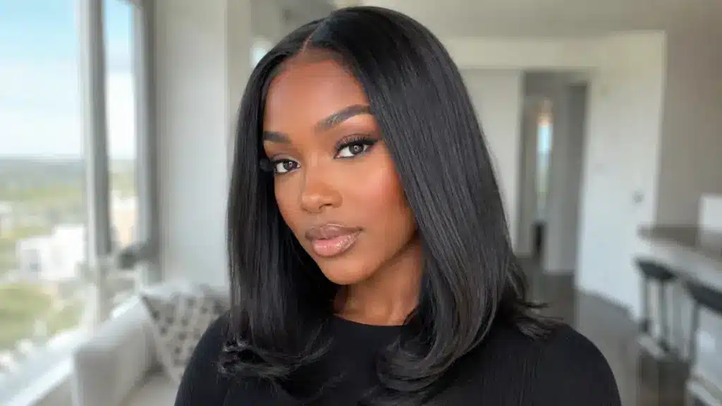 Sleek shoulder length sew in with center part, soft layers, and smooth curled ends