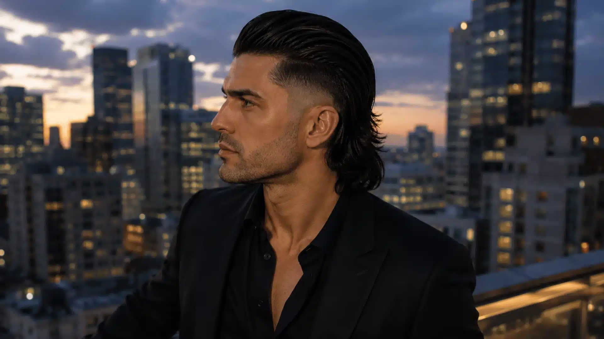 Slicked-back skin fade mullet with polished styling