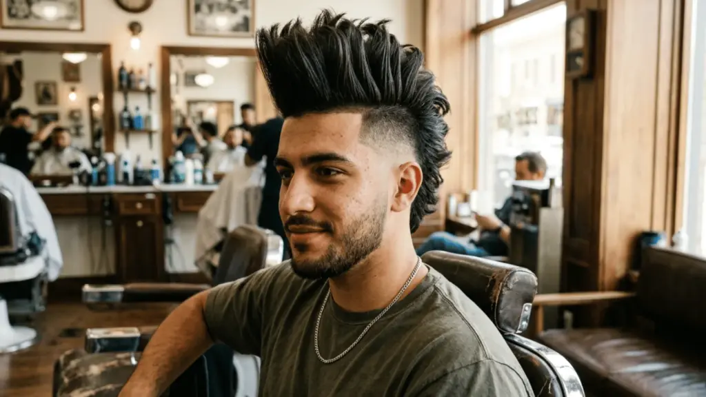 Slightly exaggerated bold mohawk haircut on young man in barbershop