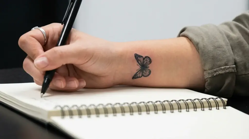 Small butterfly wrist tattoo while writing in notebook symbolizing personal growth and self expression