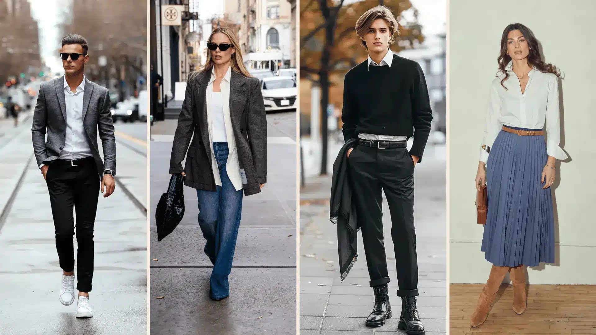 Smart casual outfits for men and women with blazers, jeans, sweaters, and polished street style looks