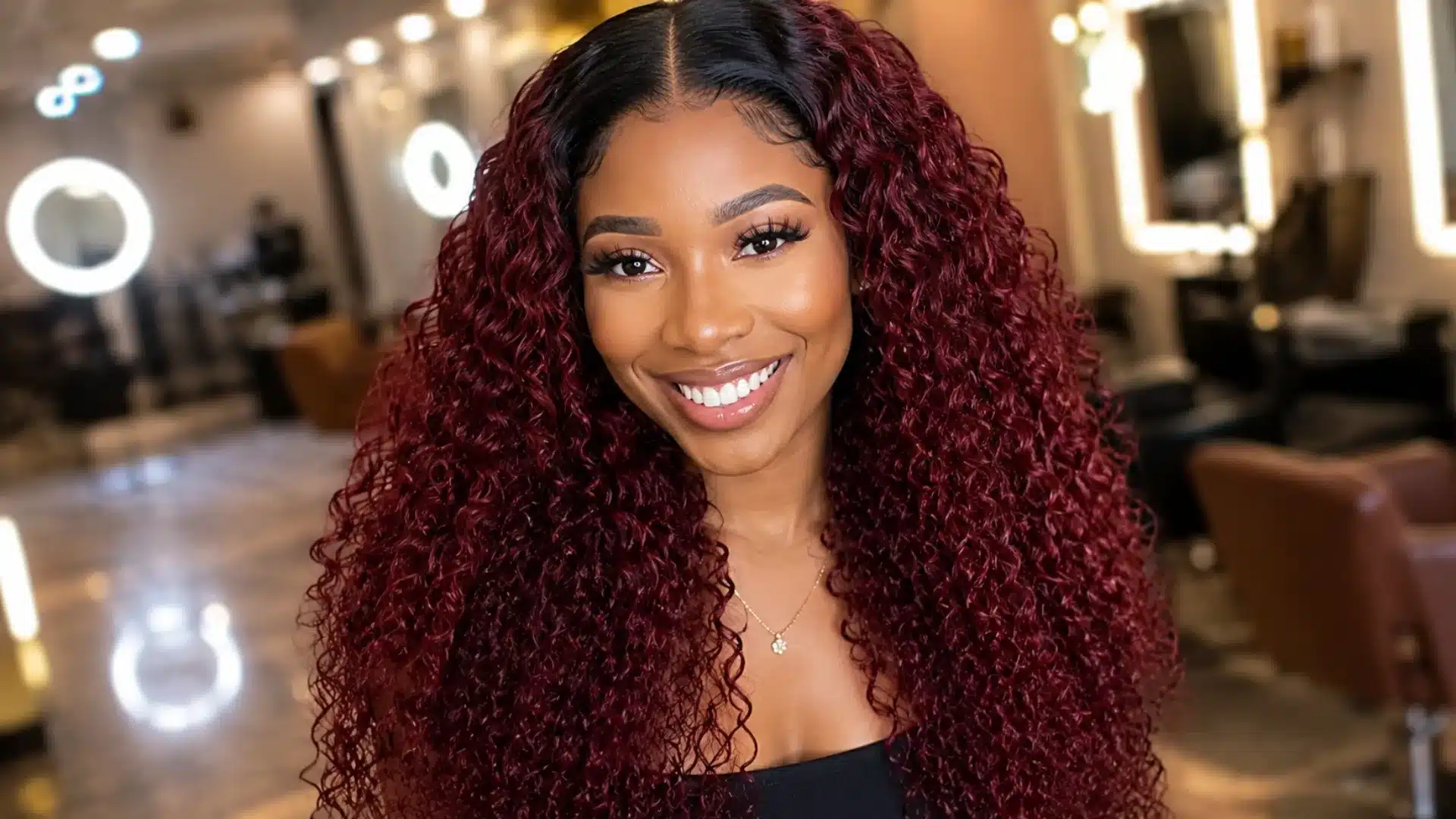 Smiling woman with burgundy curly hair in a salon, wearing natural makeup and a black top