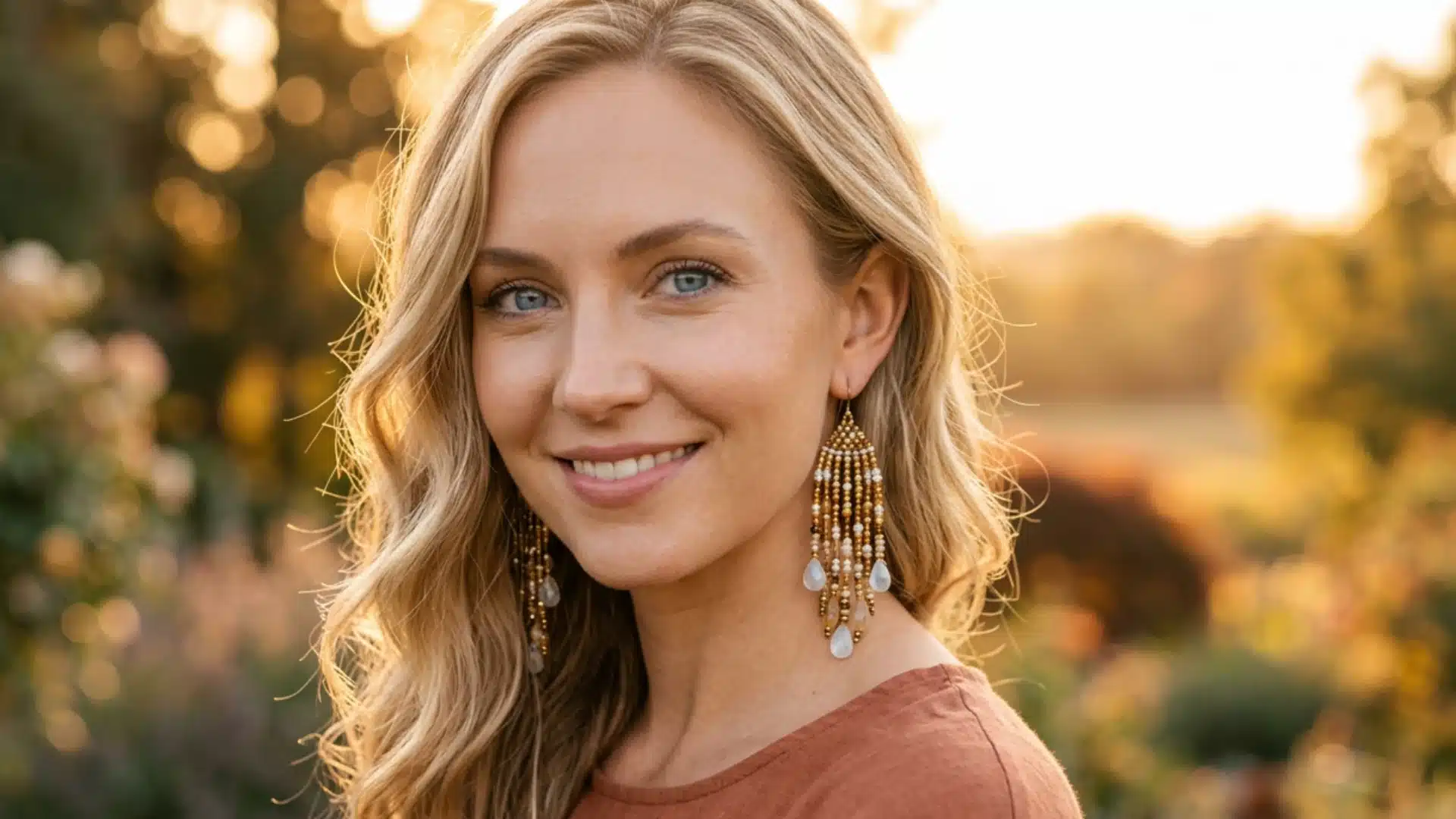 Smiling blonde woman with blue eyes wearing long, beaded fringe earrings in a golden sunset setting