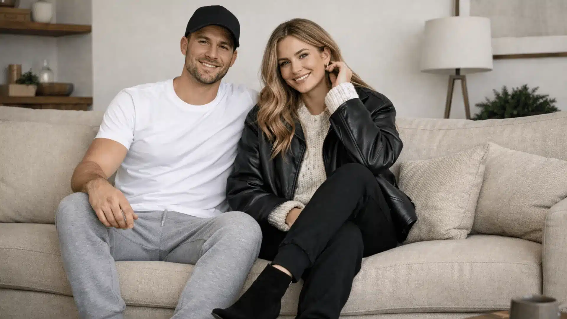 Smiling couple sitting on a beige sofa in a modern living room wearing casual outfits and relaxed loungewear