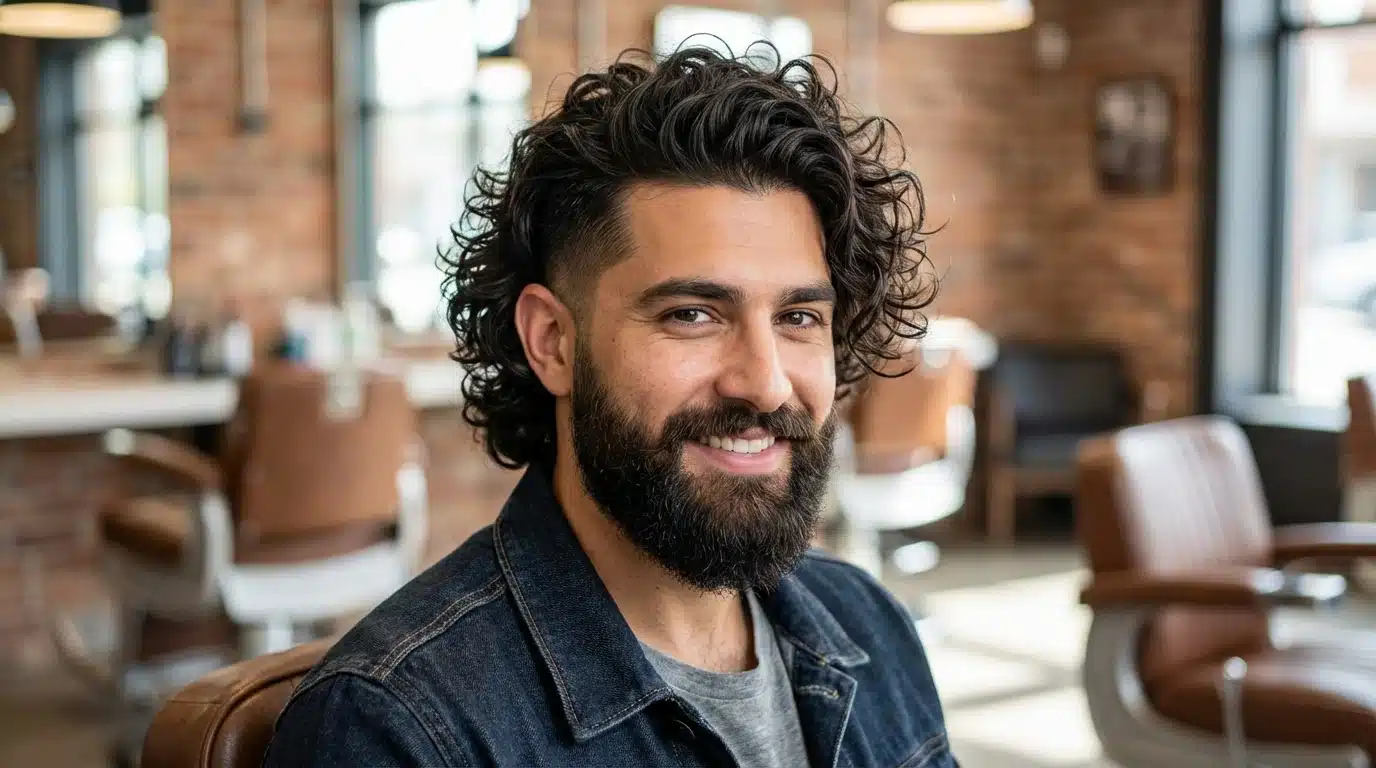 Smiling man with long curly hair and a full beard in a barbershop