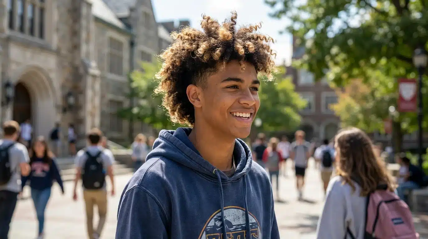 Smiling young man with highlighted curly hair in a blue hoodie on a sunny college campus with students.