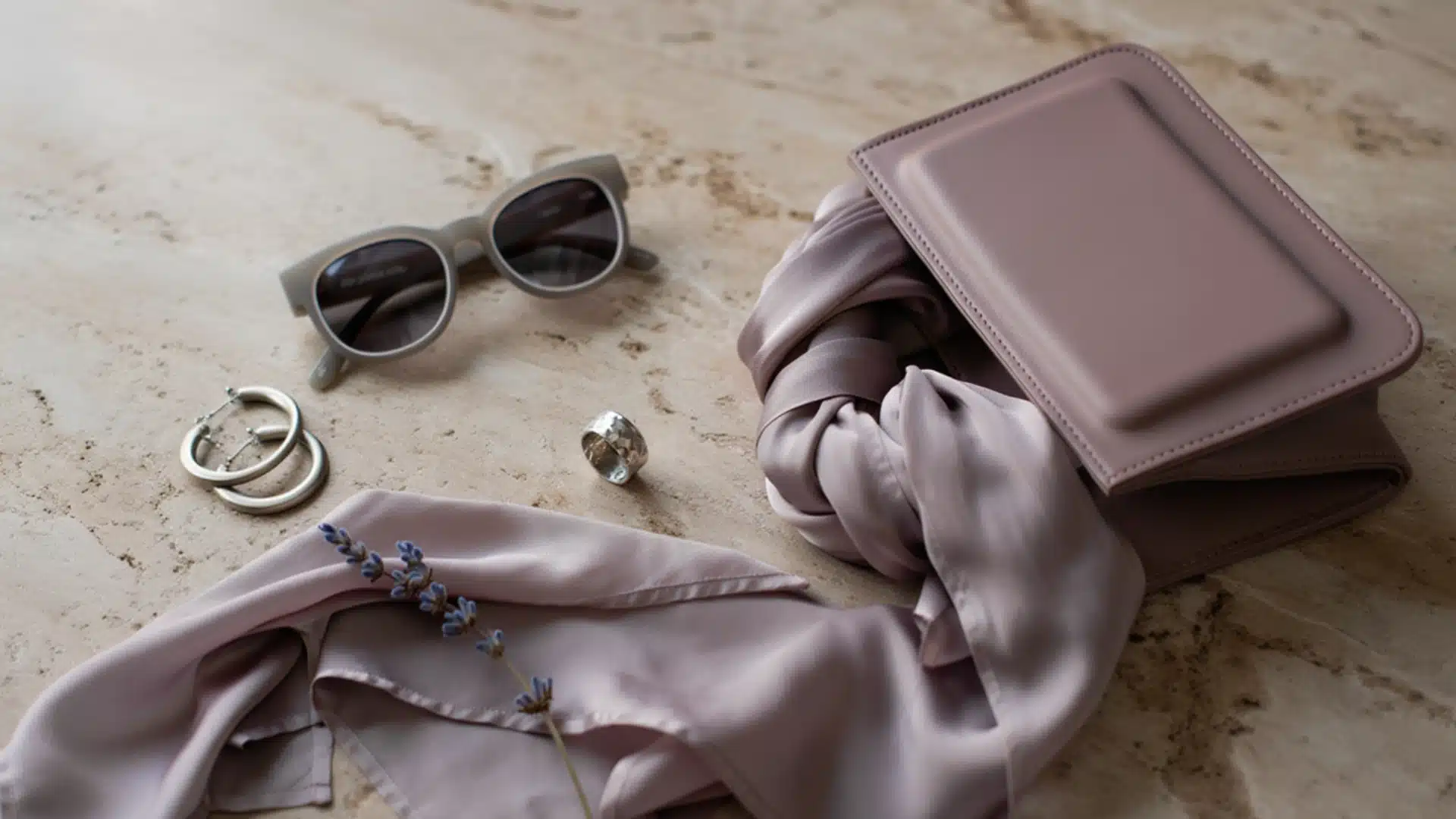 Soft mauve accessories with silver jewelry