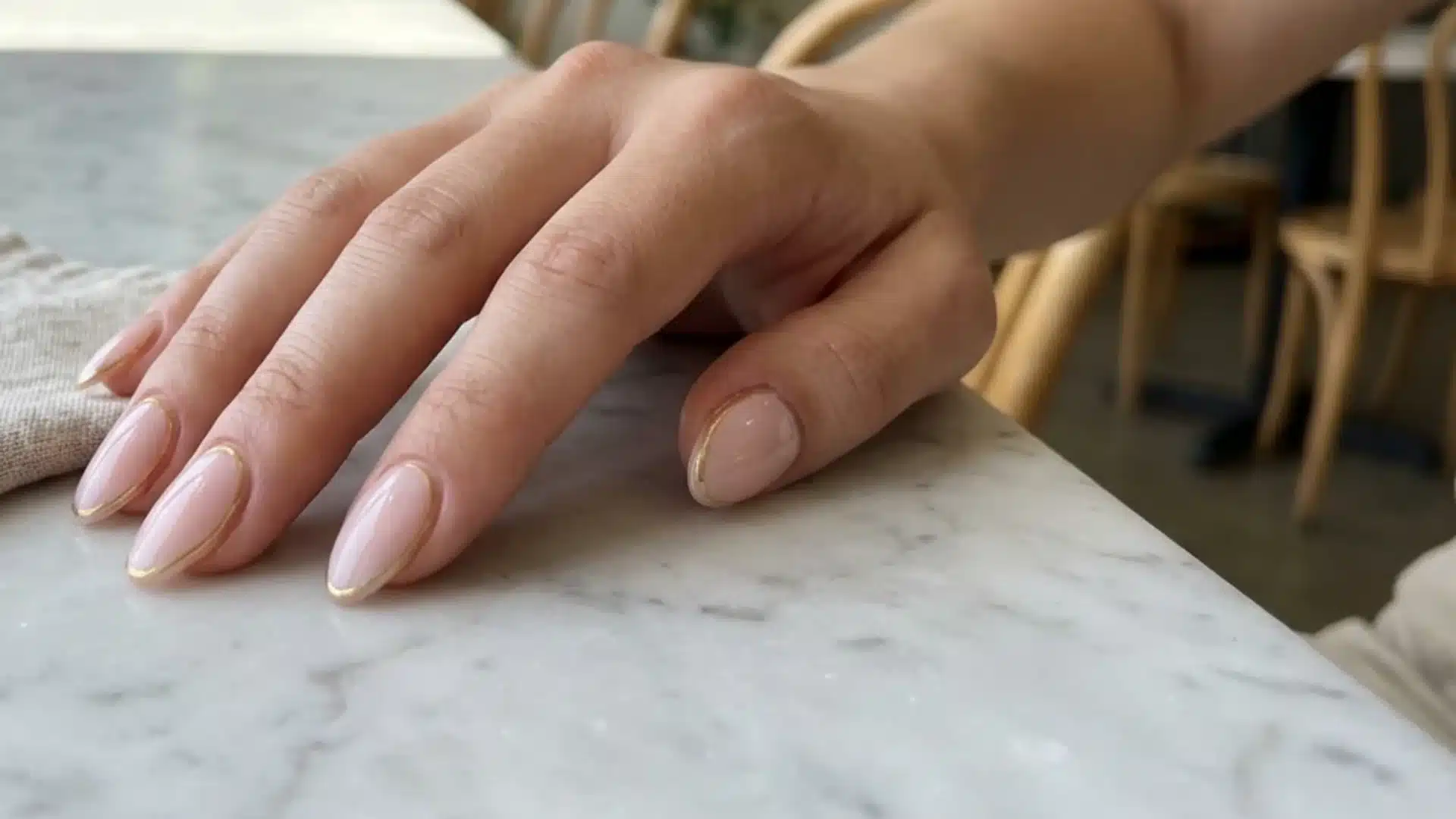 Soft nude nails with thin gold outline tips on almond-shaped nails, elegant minimal design in natural light