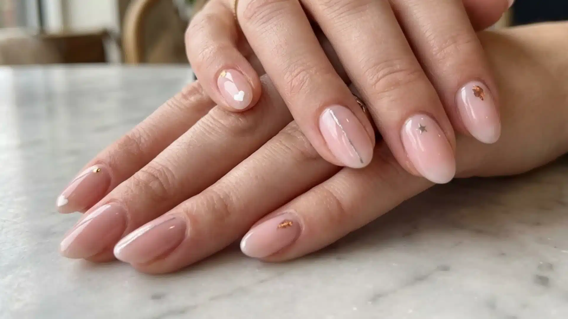 Soft pink nude nails with tiny gold accents, minimal hearts and star details on glossy almond-shaped nails
