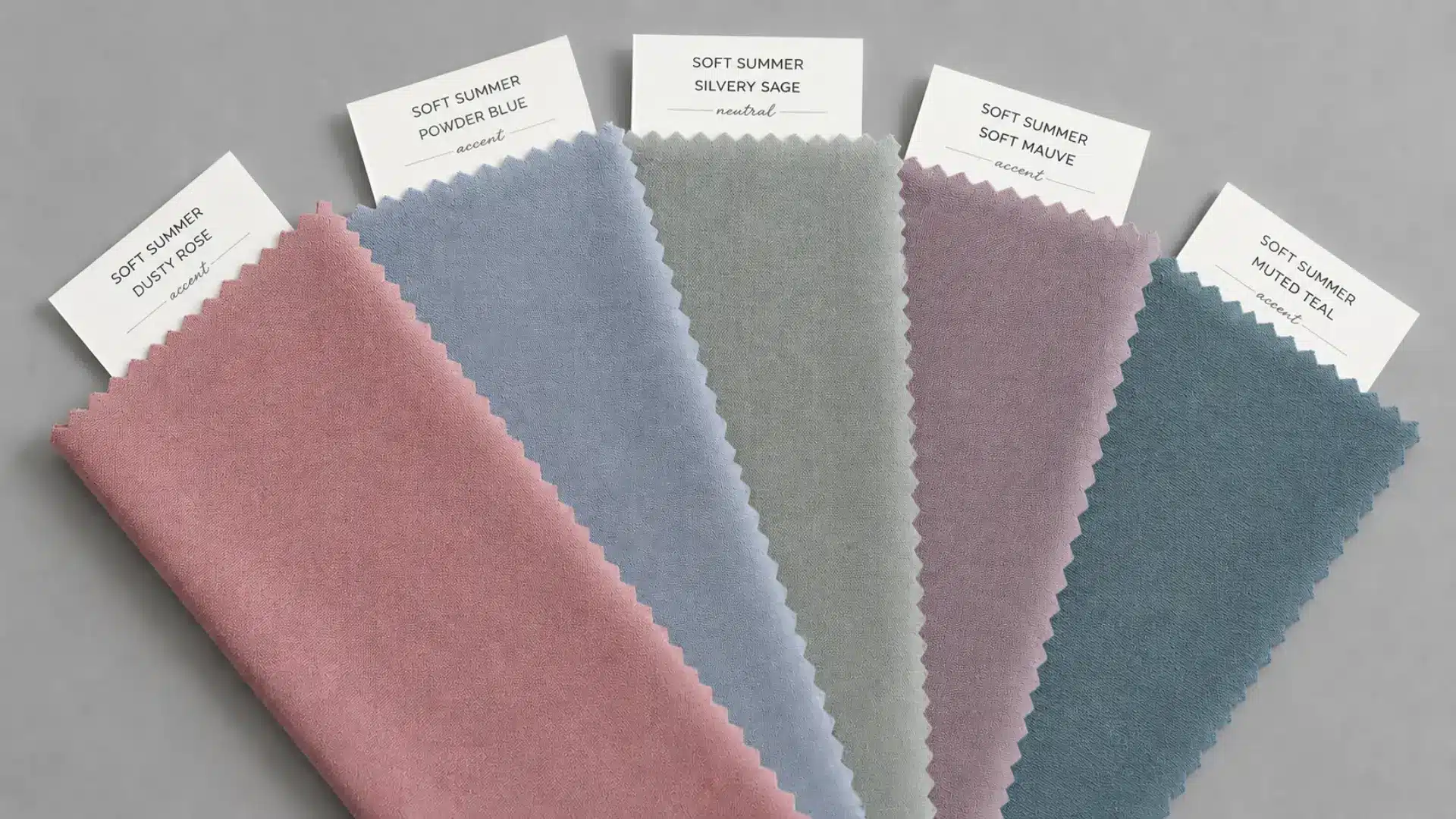Soft Summer accent fabric swatches in cool muted hues displayed on a light grey background
