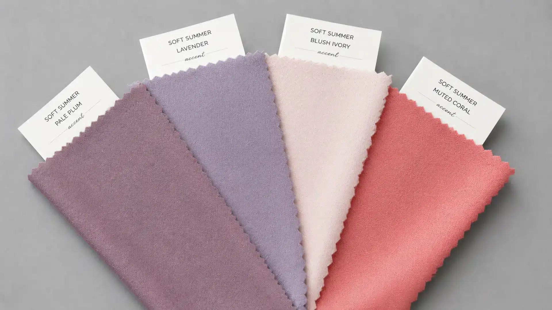 Soft Summer accent swatches in pale plum, lavender, blush ivory, and muted coral on grey background