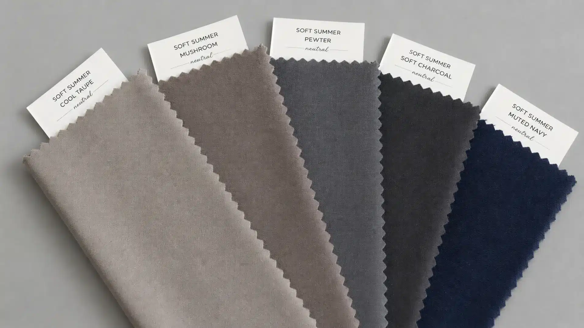Soft Summer neutral fabric swatches fanned on a grey background with cool muted tones and texture