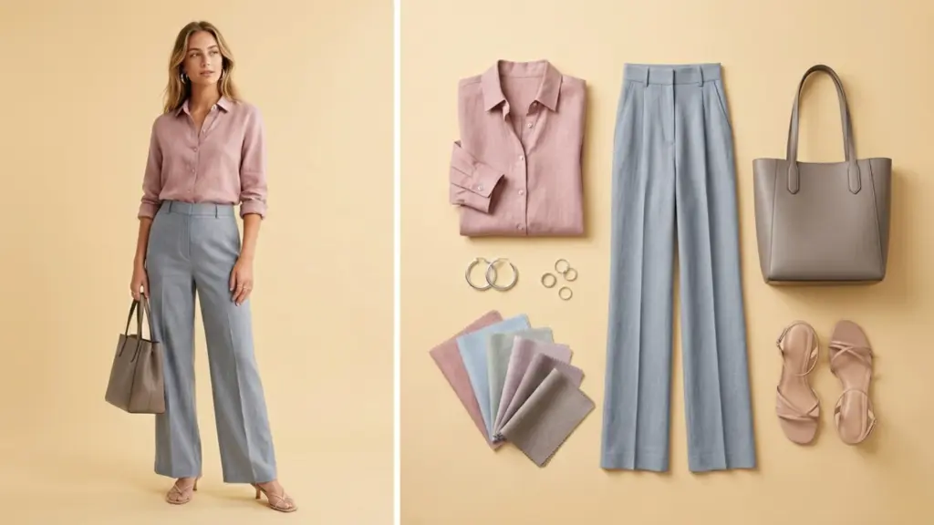 Soft Summer work outfit with gray trousers