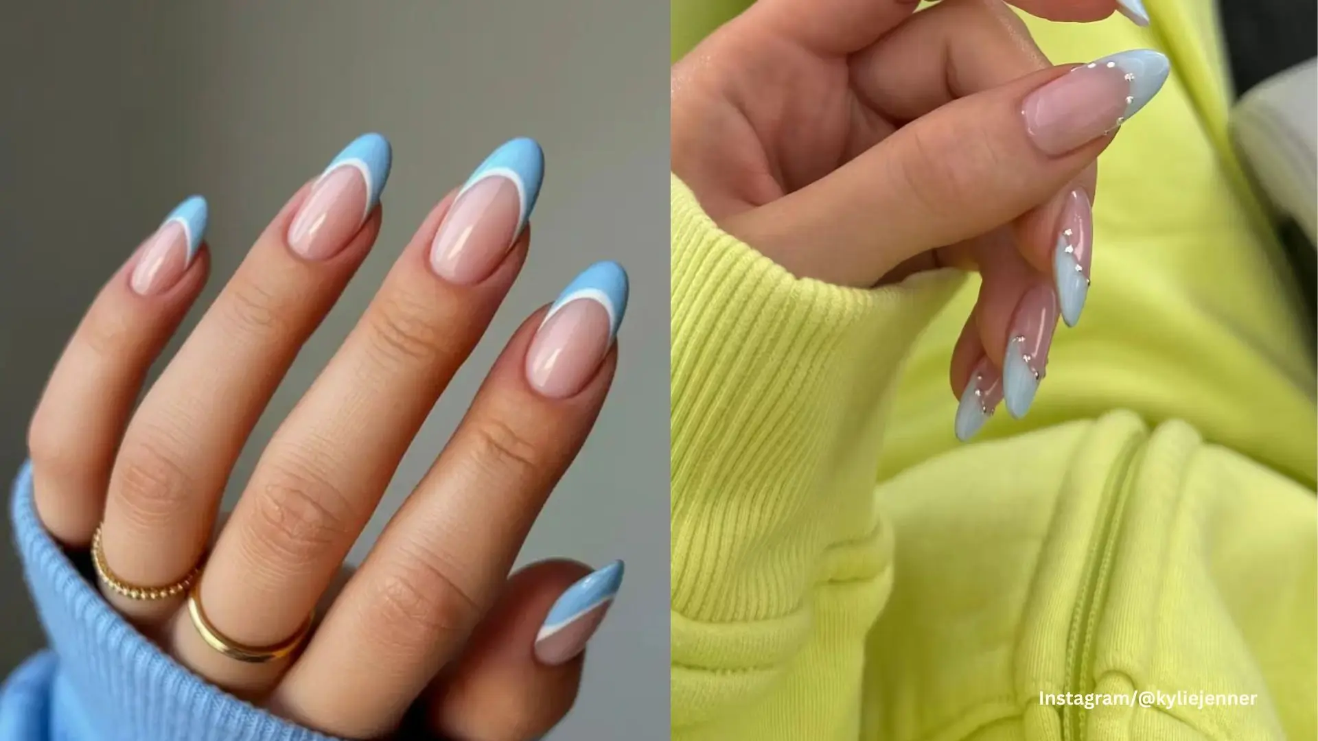 Soft pastel blue French tip almond nails with glossy finish and minimal nude base for clean summer manicure