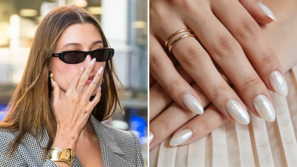 Split image of glossy glazed donut nails and close up pearl almond manicure