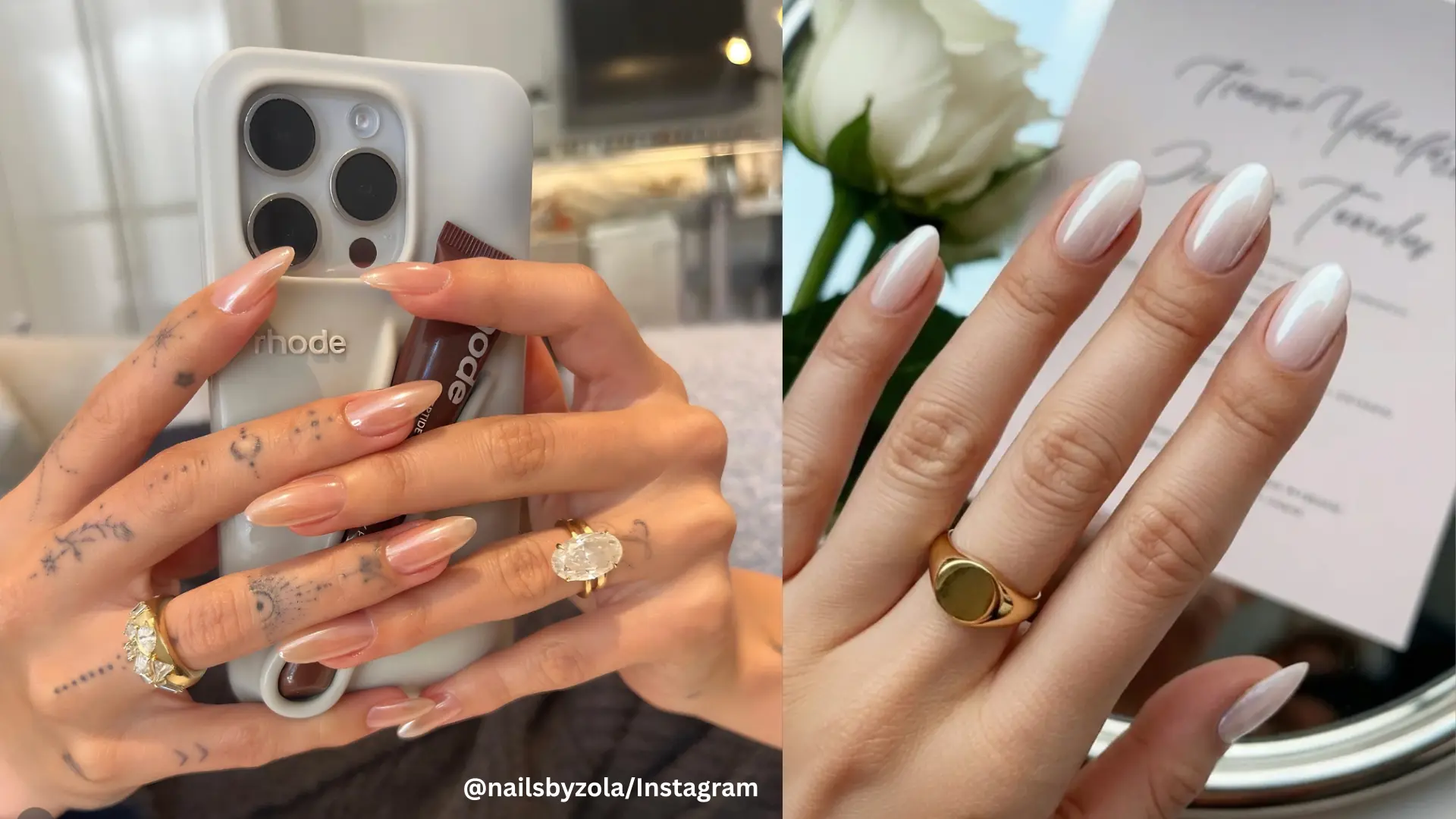 Split image of Hailey Bieber glazed donut nails inspiration with almond manicure showing minimal elegant bridemaid nail ideas