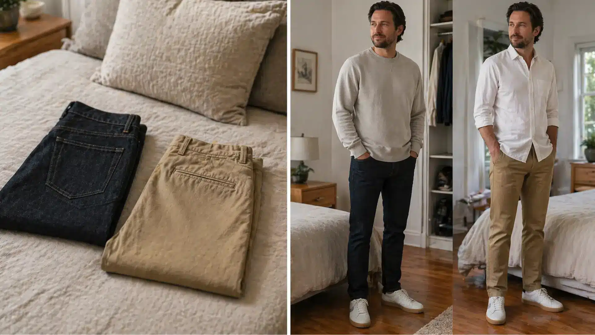 Split scene folded jeans and chinos on bed, beside two outfits worn by a man indoors, casual and smart style comparison