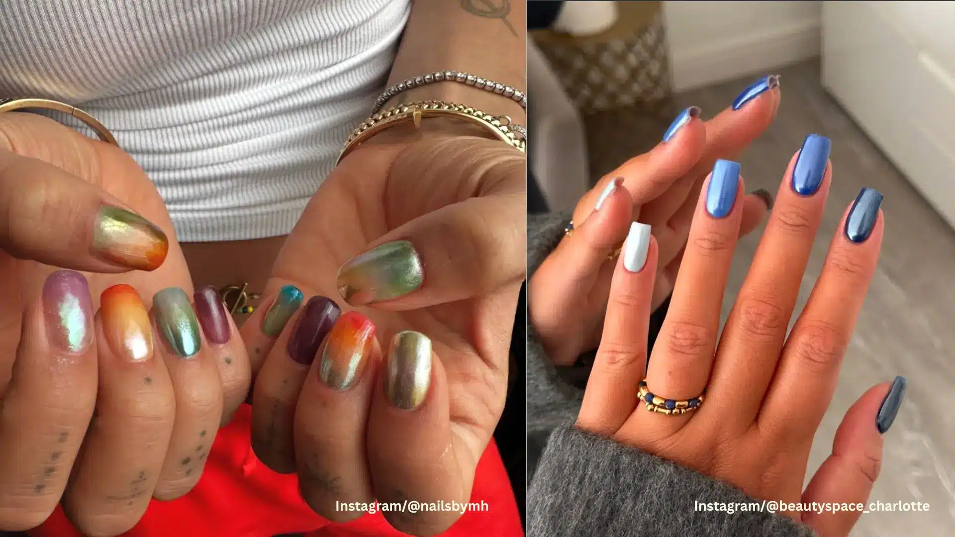 Split image of multicolor watercolor chrome nails and aqua blue watercolor chrome nails on glossy square nails