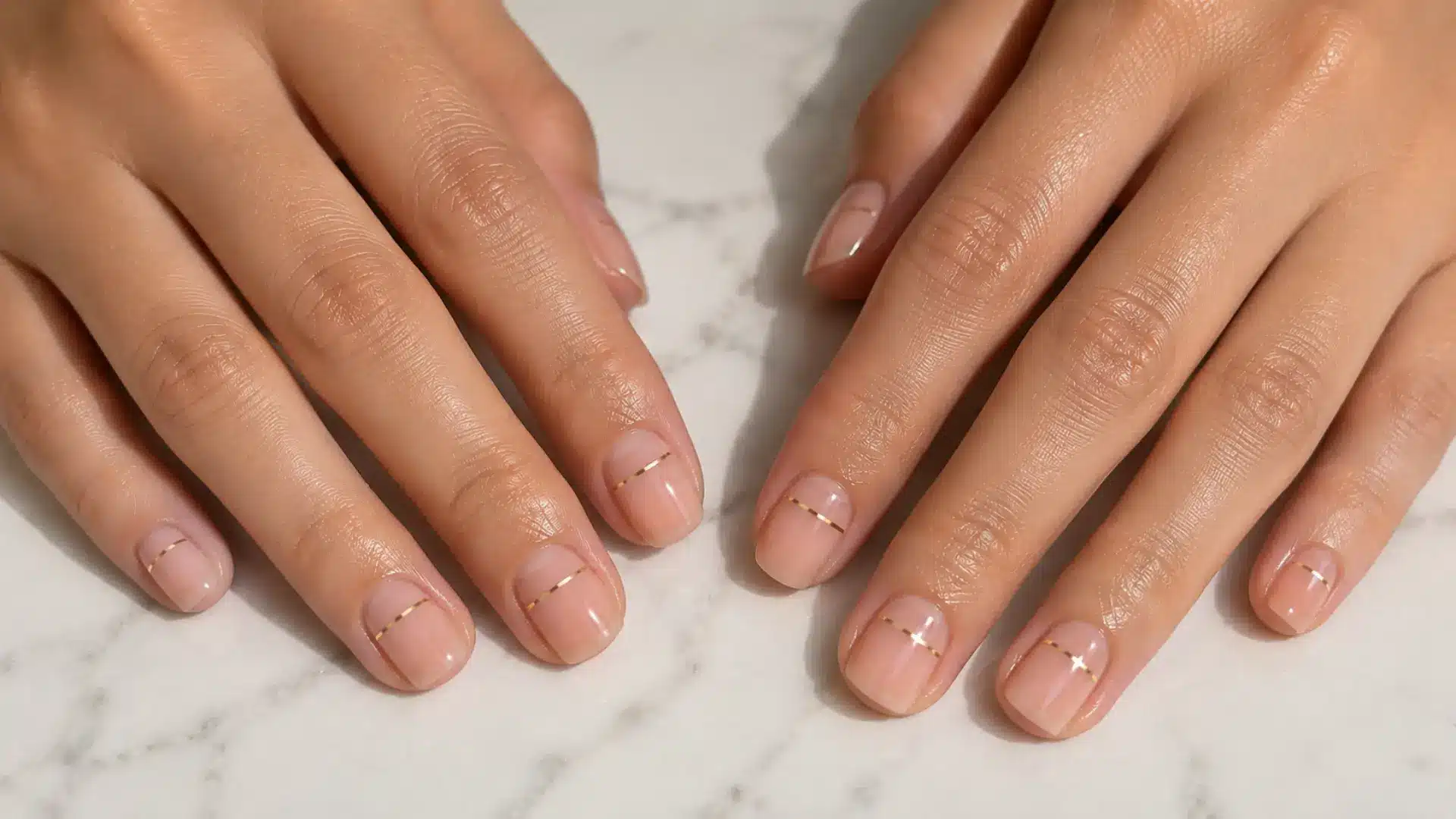 Square nails with a single thin gold horizontal line on a nude glossy base, geometric detail