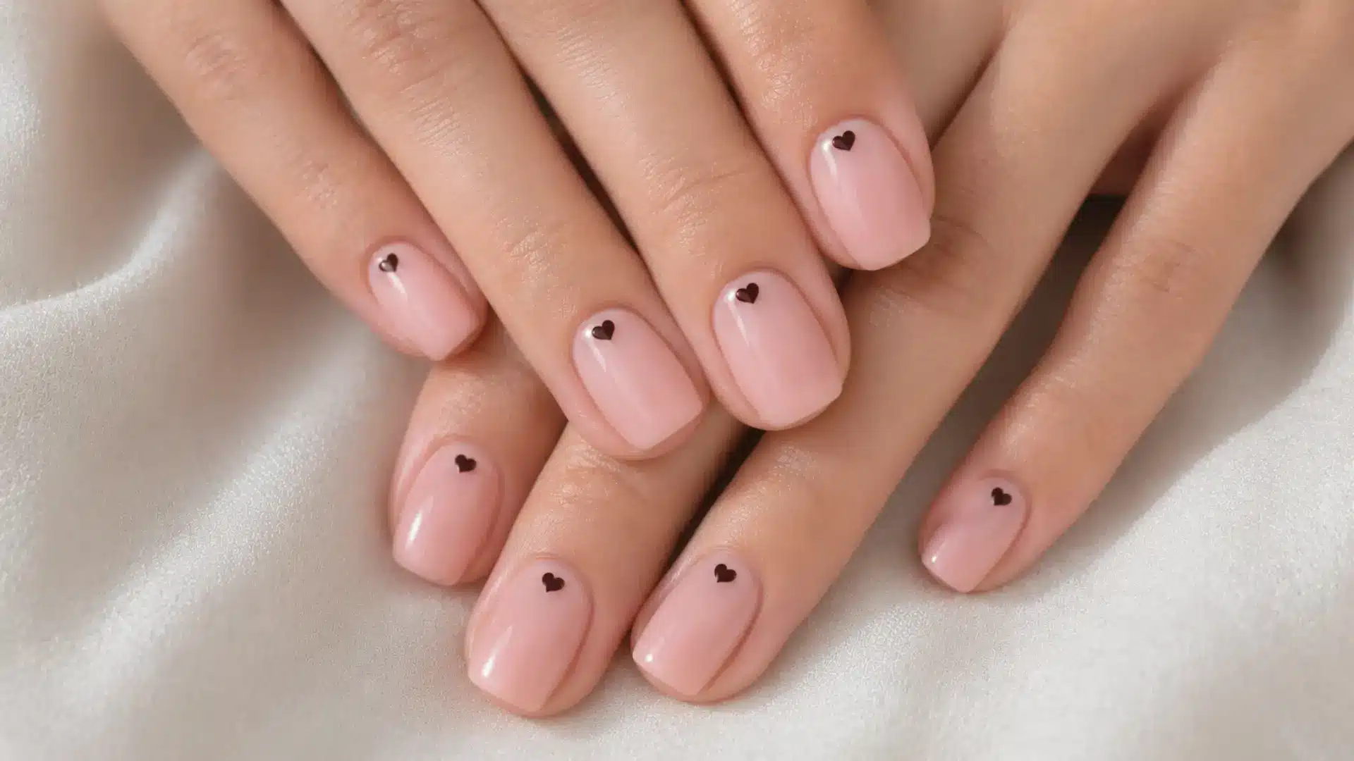 Squoval blush pink nails with a single tiny two-dot heart drawn near the cuticle