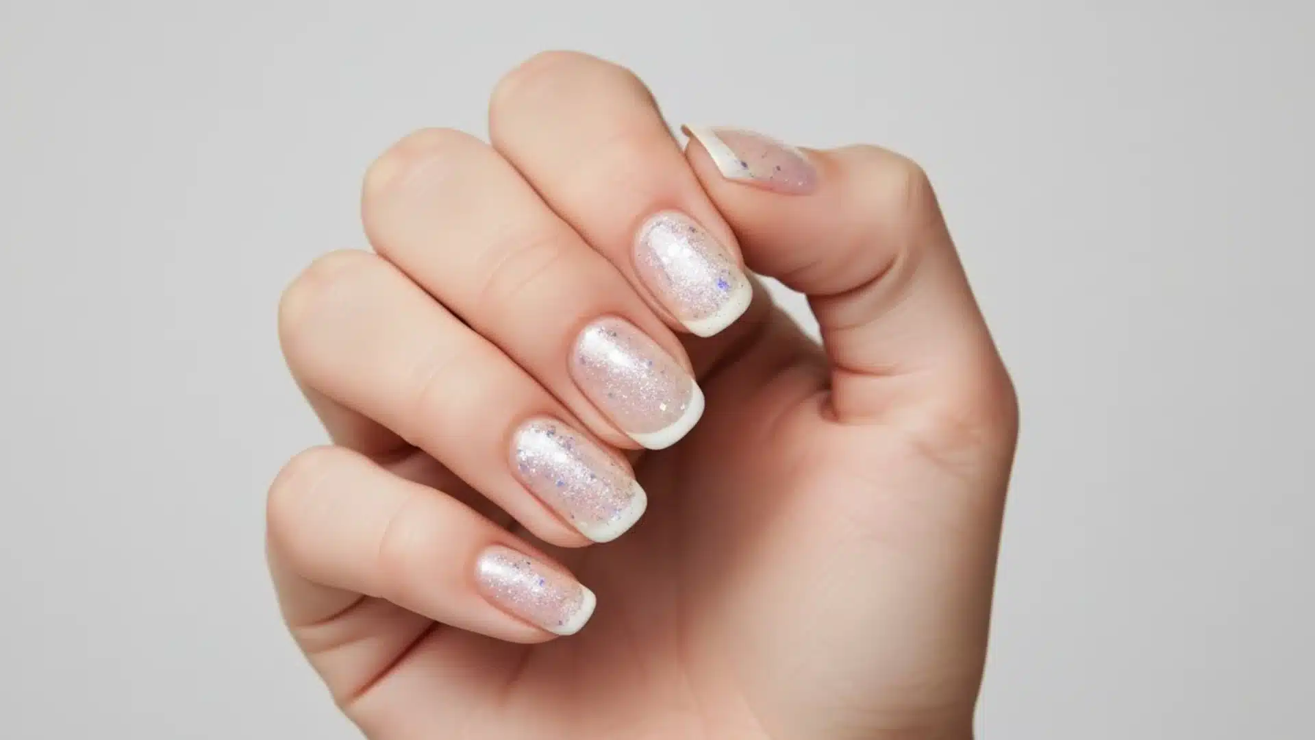 Starlight Reflect nails featuring glittery shimmer polish with subtle sparkle and soft French tips