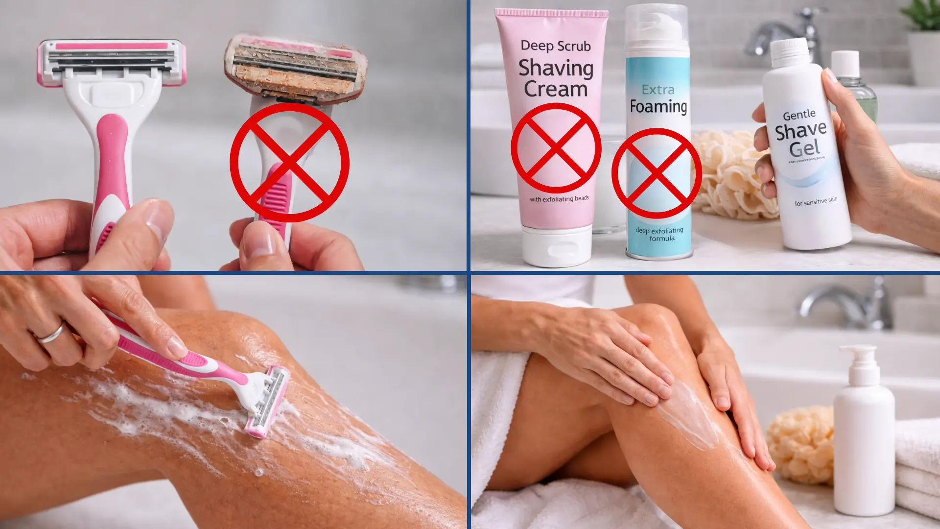 Step-by-step shaving routine with razor, shaving cream, and moisturizing lotion on leg for smooth skin after spray tan