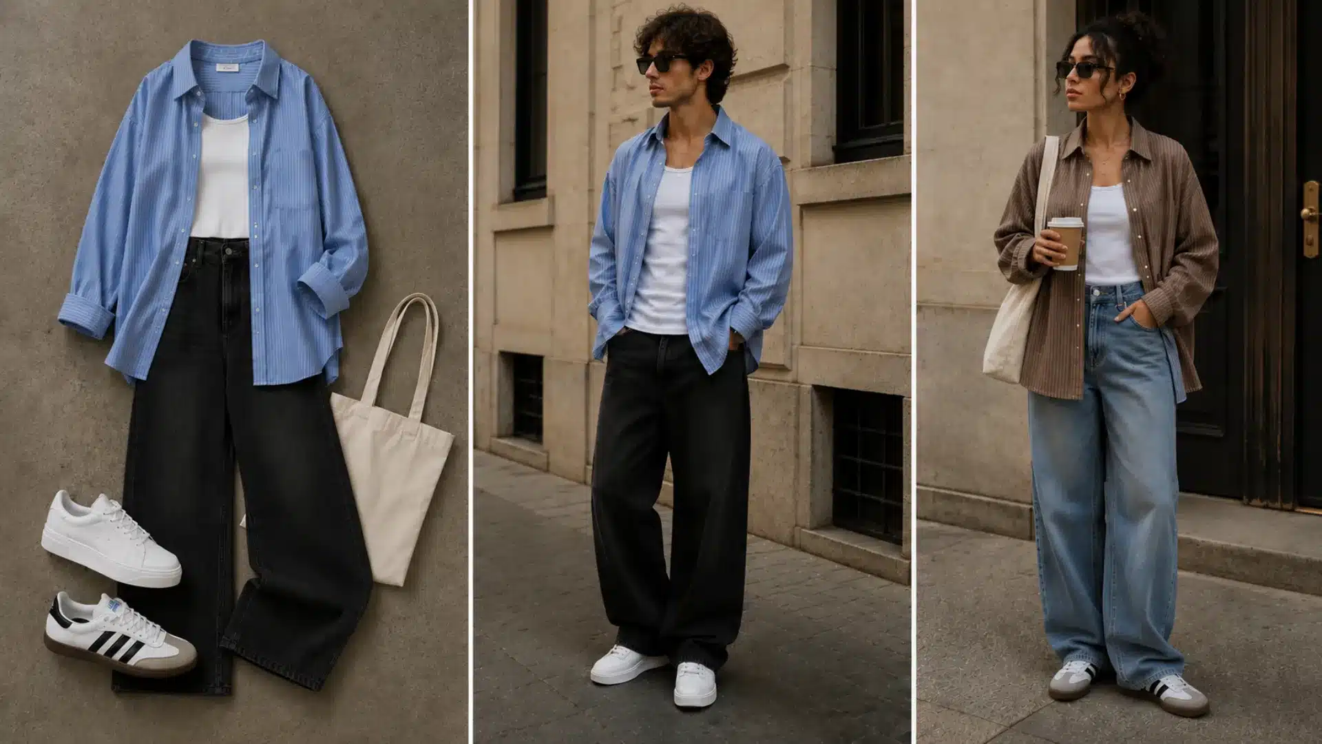 Street style outfit collage with striped shirts, denim, white tote bag, and sneakers in a city setting