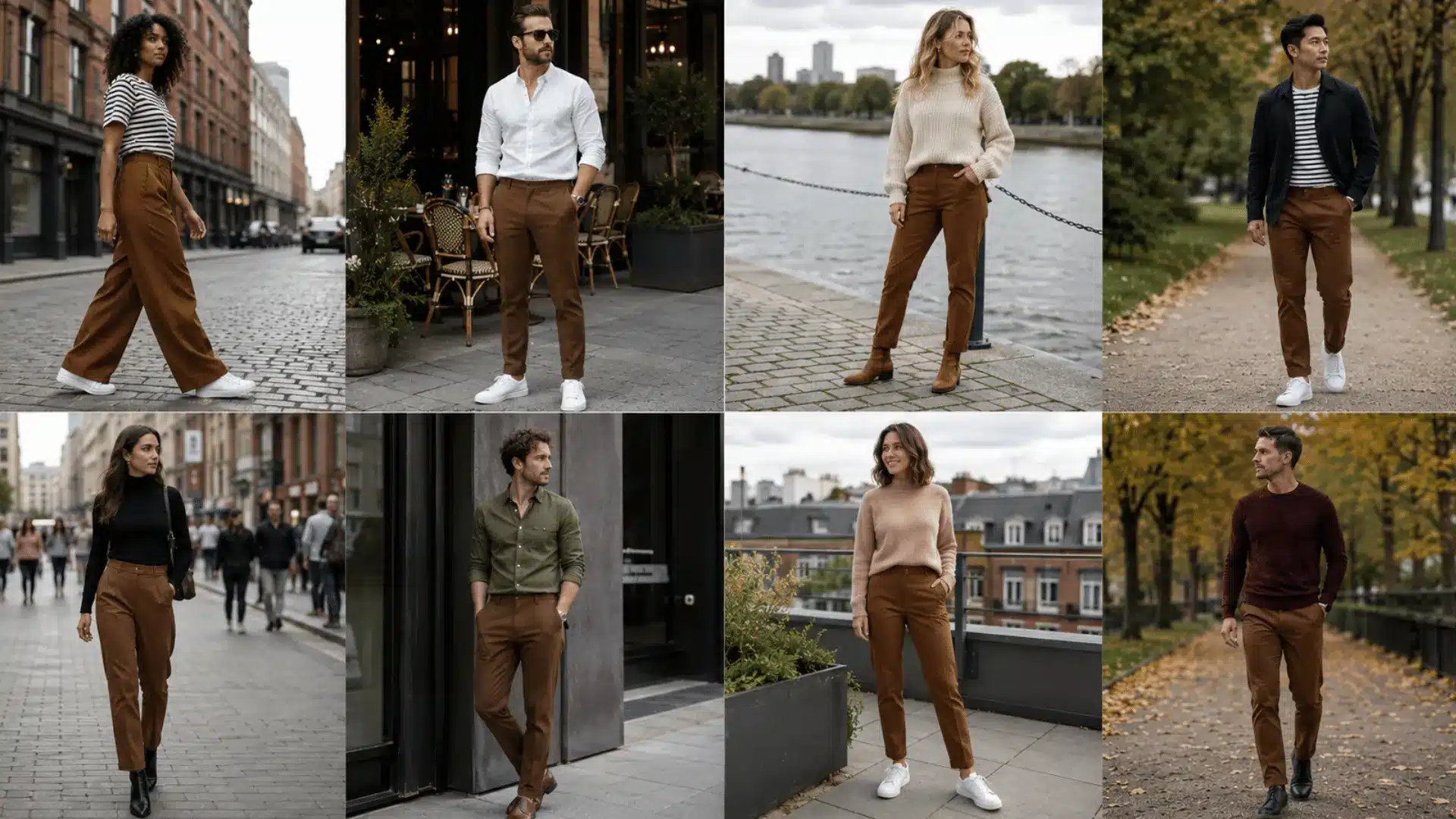Stylish outfit ideas showing what to wear with brown pants