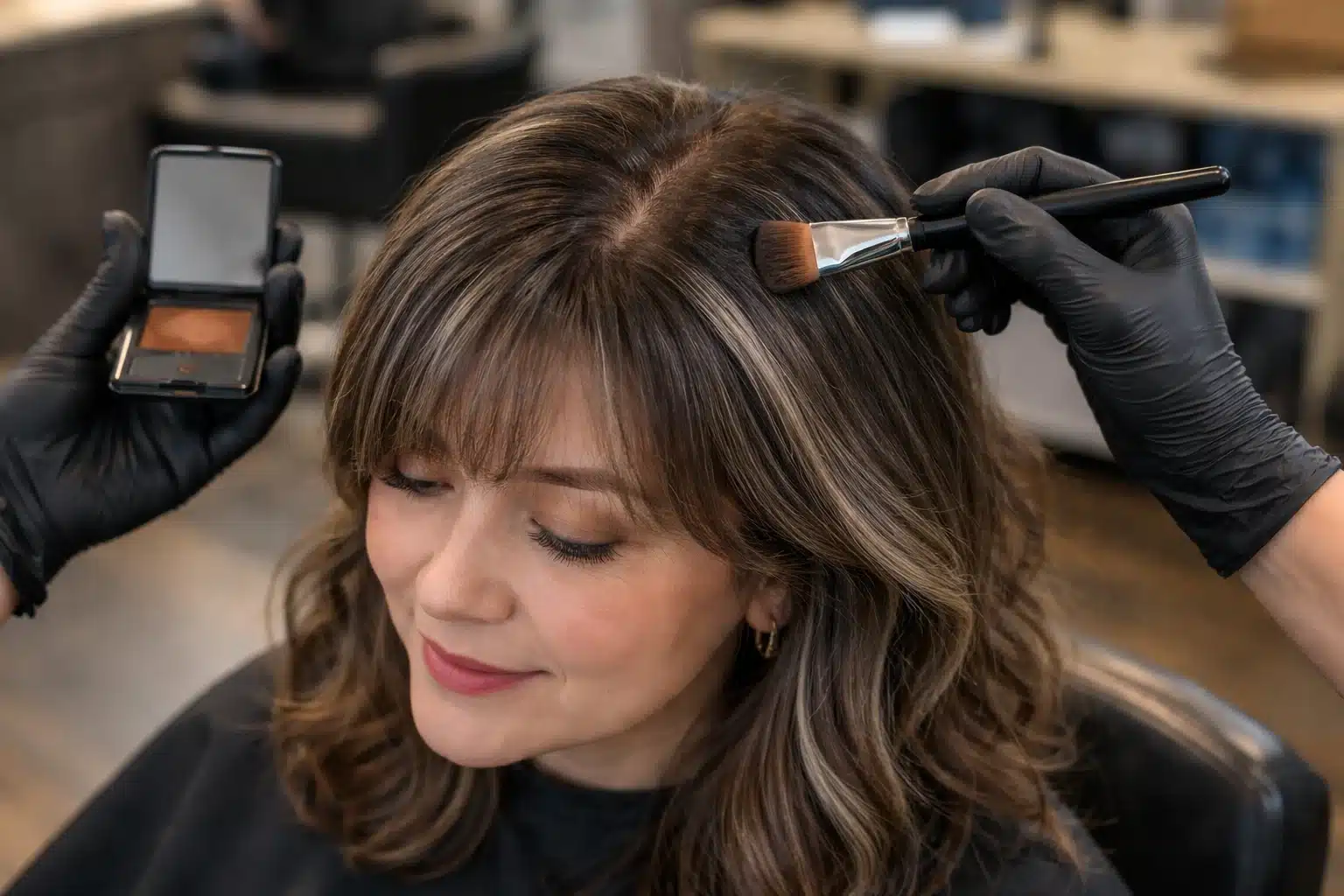 Stylist applying root touch up powder to cover gray roots on brunette hair for quick fix between salon visits