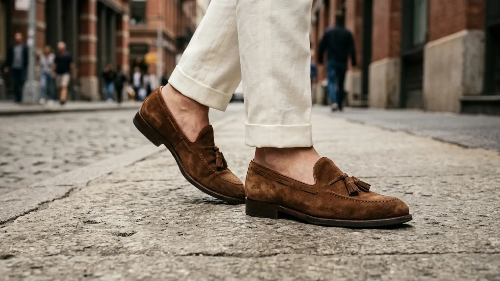 Suede tassel loafers with beige trousers walking on cobblestone street casual smart mens summer footwear