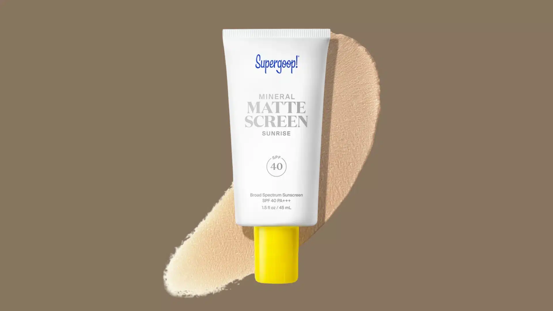 Supergoop Mineral Matte Screen SPF 40 tube with beige product swatches.