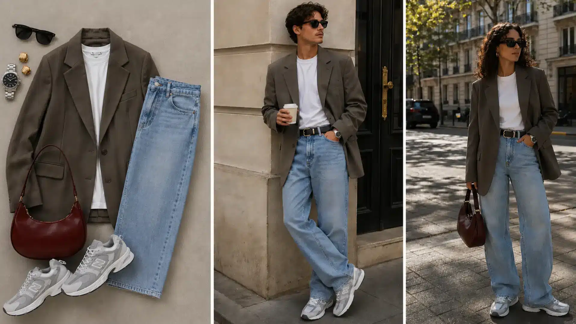 Taupe blazer, white tee, light blue straight jeans and gray sneakers styled on male and female models (1)