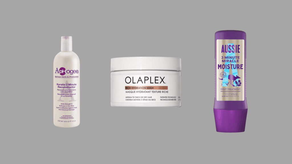 Three deep conditioning hair treatments on a plain gray background for dry, damaged, and moisture-needing hair