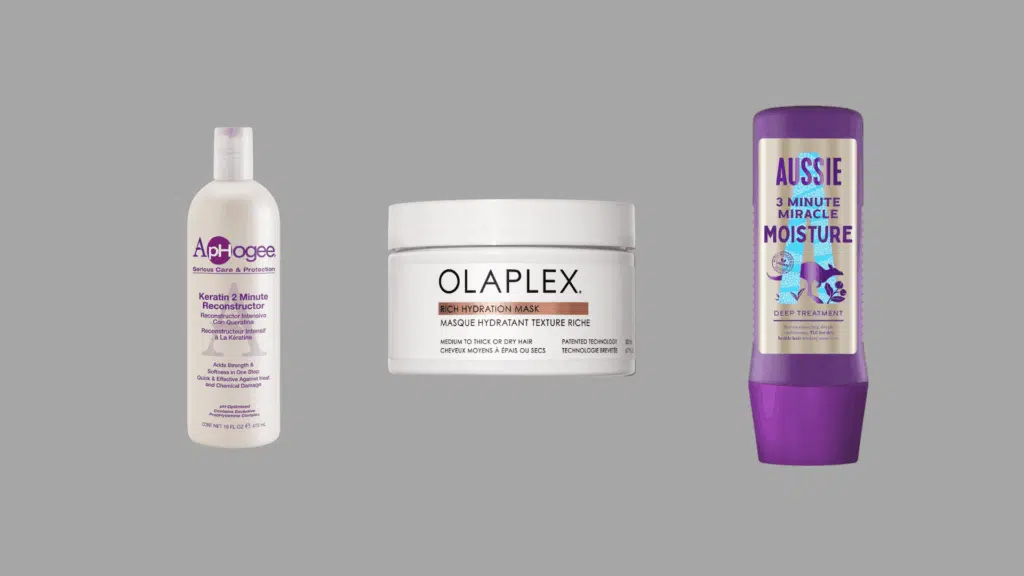 Three deep conditioning hair treatments on a plain gray background for dry, damaged, and moisture-needing hair