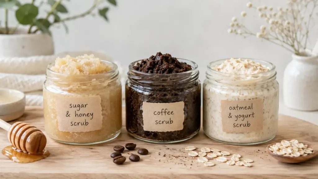 Three homemade face scrub recipes in glass jars on a wooden surface