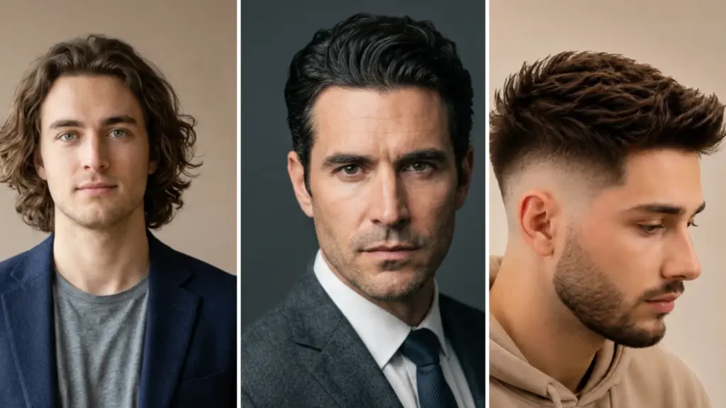 Three men with different haircuts shoulder length curls a neat side part and a high skin fade