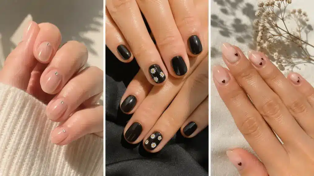 Three minimal nail designs with nude gems, black daisy accents, and sheer pink nails with tiny hearts