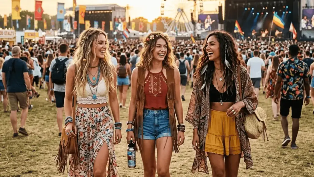 Three women in boho outfits laughing at a sunny music festival with a Ferris wheel and stage in the background