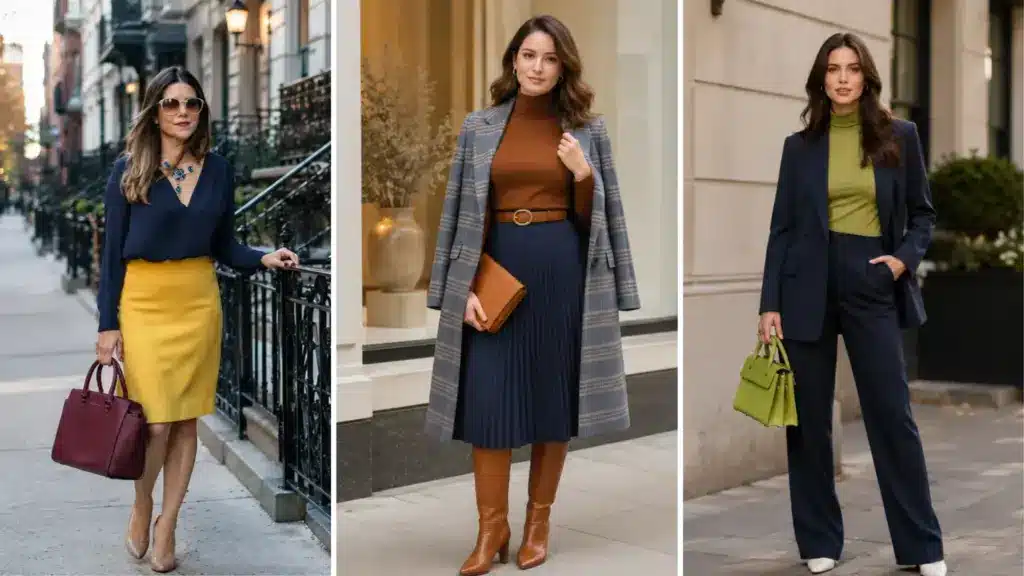 Three women showcase different stylish autumn outfits featuring blazers, skirts, and trousers on city streets