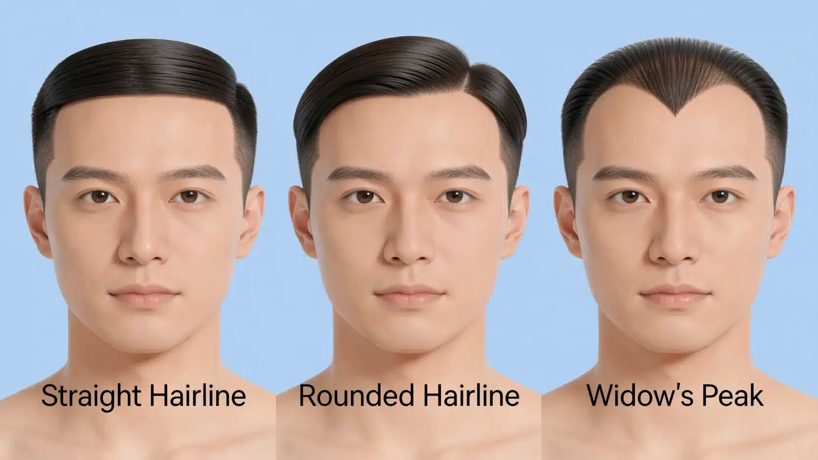 Three side-by-side portraits of a man illustrating straight, rounded, and widow's peak hairline types.