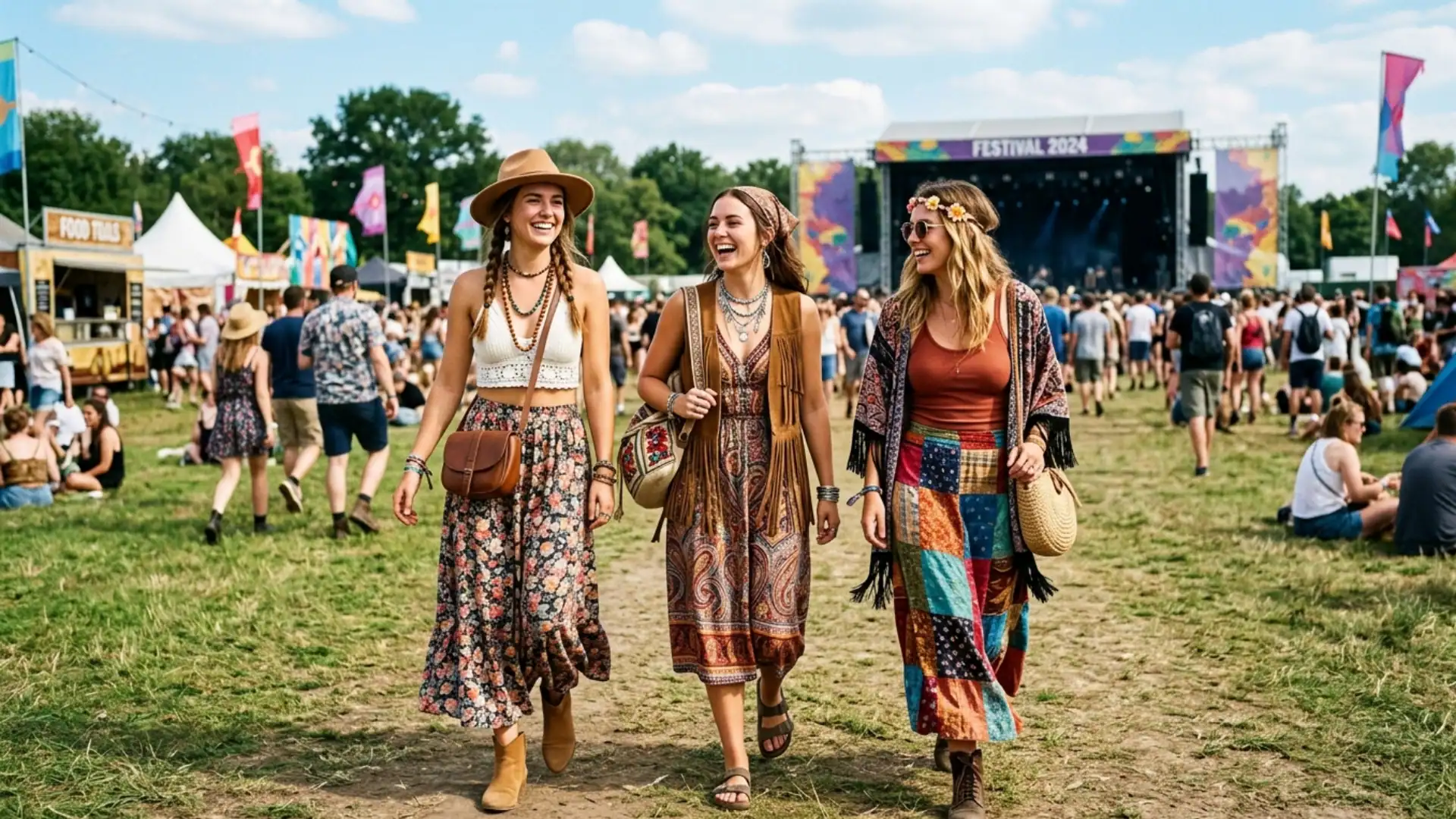 Three women in bohemian attire, including a sun hat and floral skirts, walking through a crowded music festival