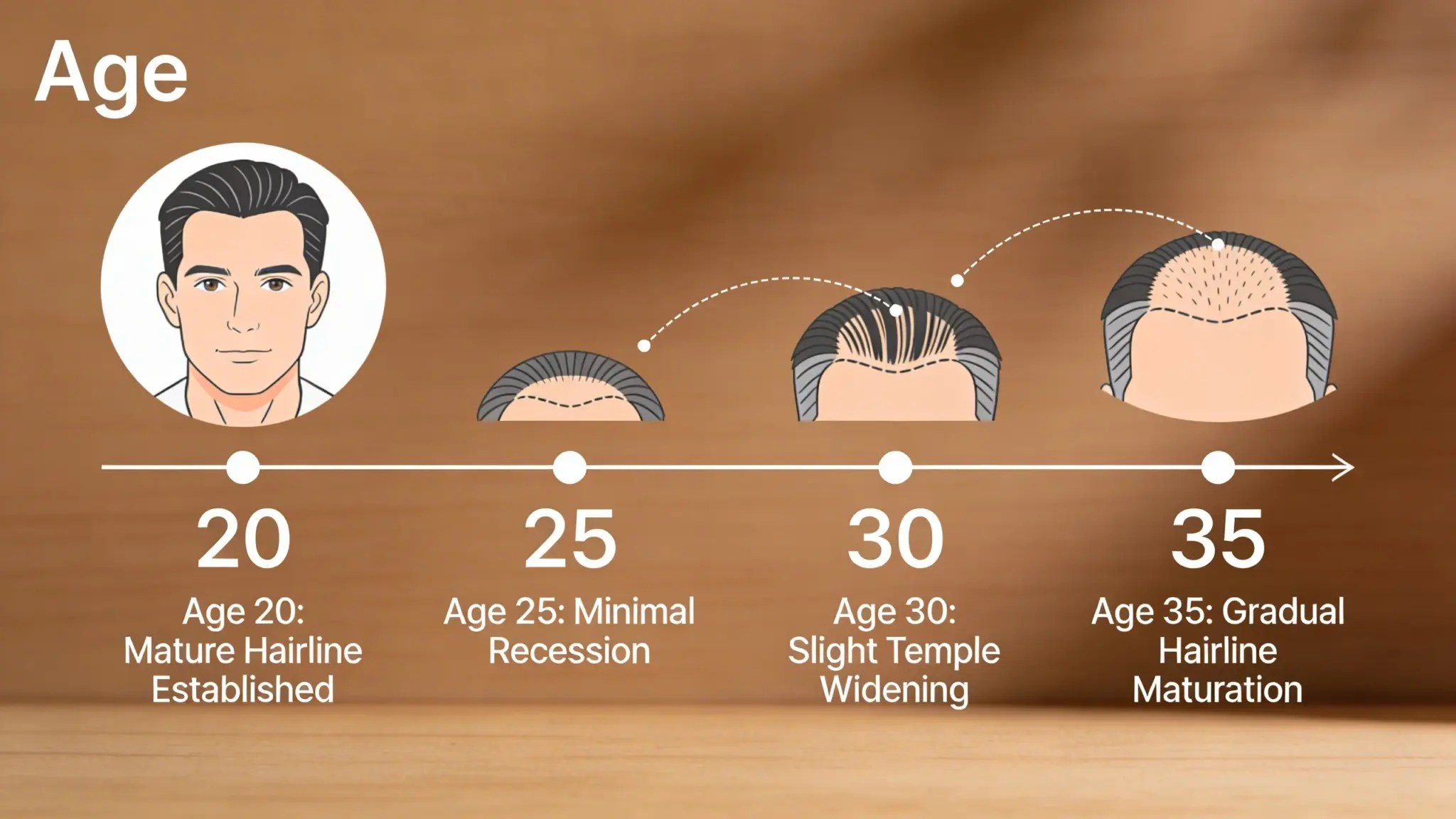 Timeline showing male hair maturation from age 20 to 35 with gradual recession and temple widening