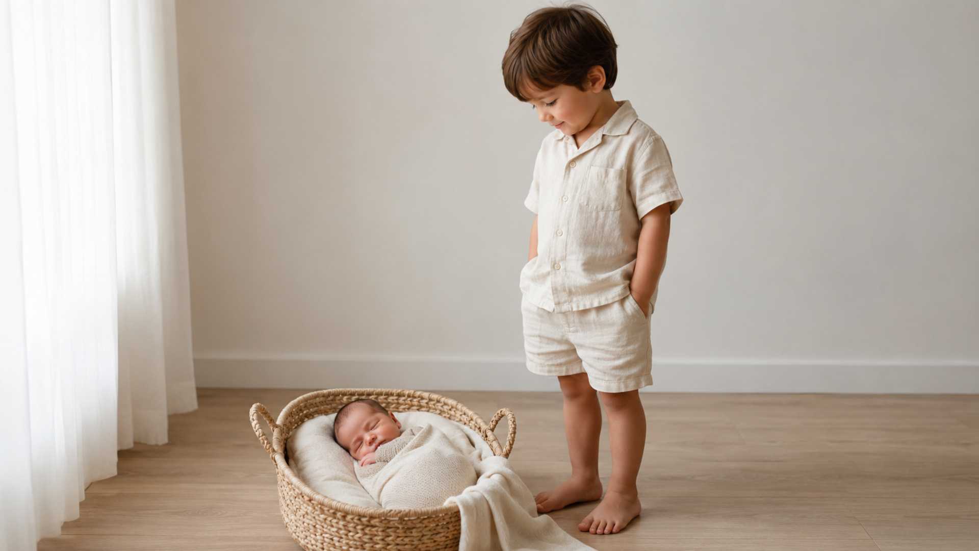 Toddler in cozy knit two-piece set looking at newborn in coordinated winter session