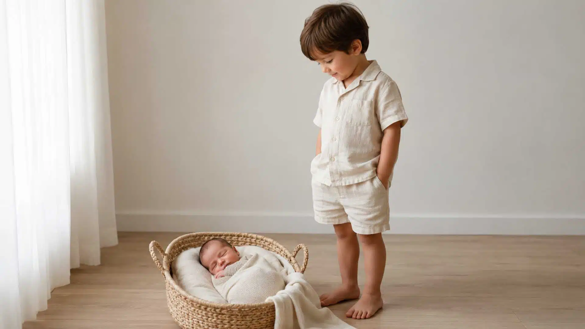 Toddler in cozy knit two-piece set looking at newborn in coordinated winter session