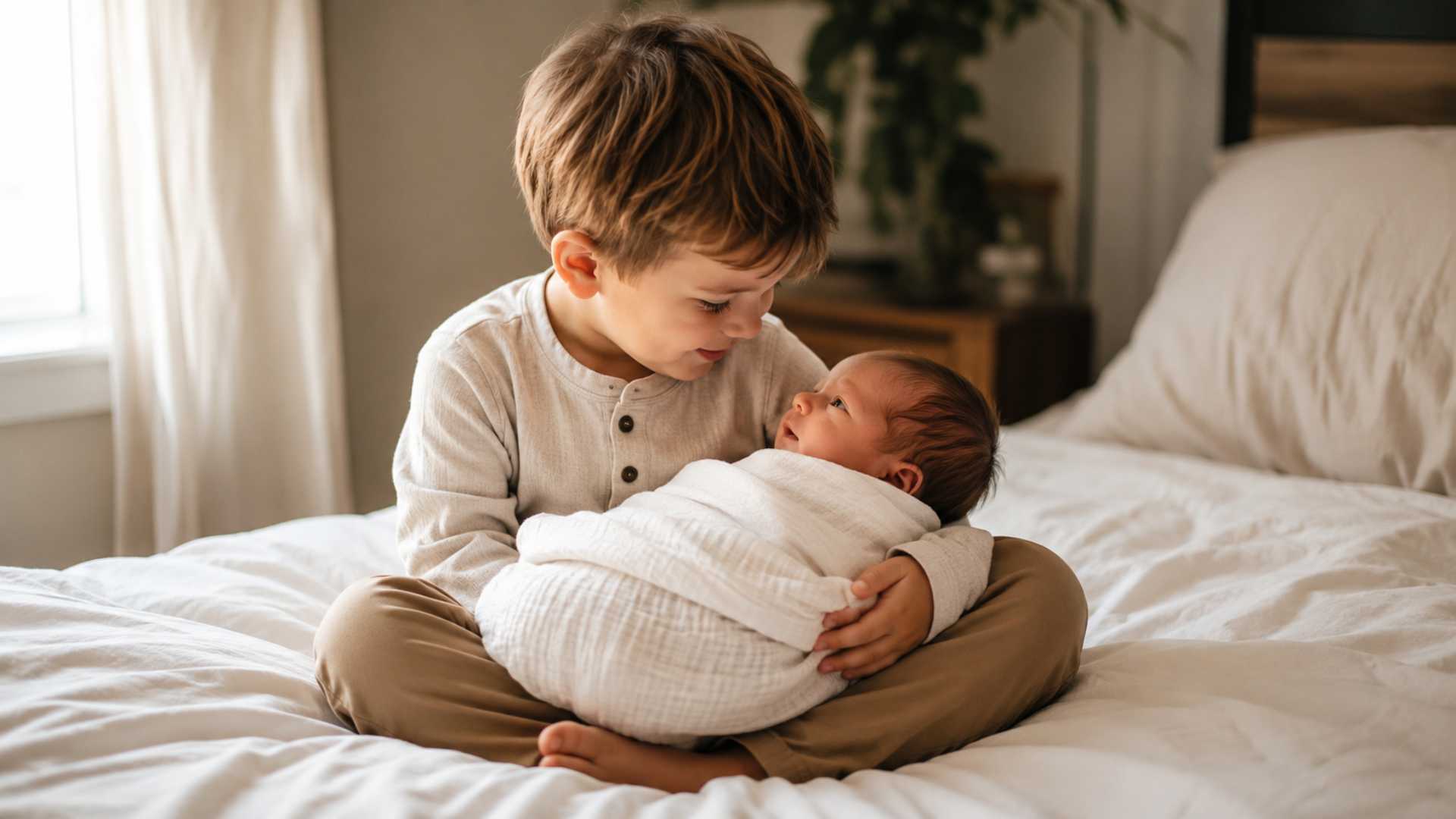 Toddler boy in neutral Henley and khaki pants holding newborn sibling in family photo session