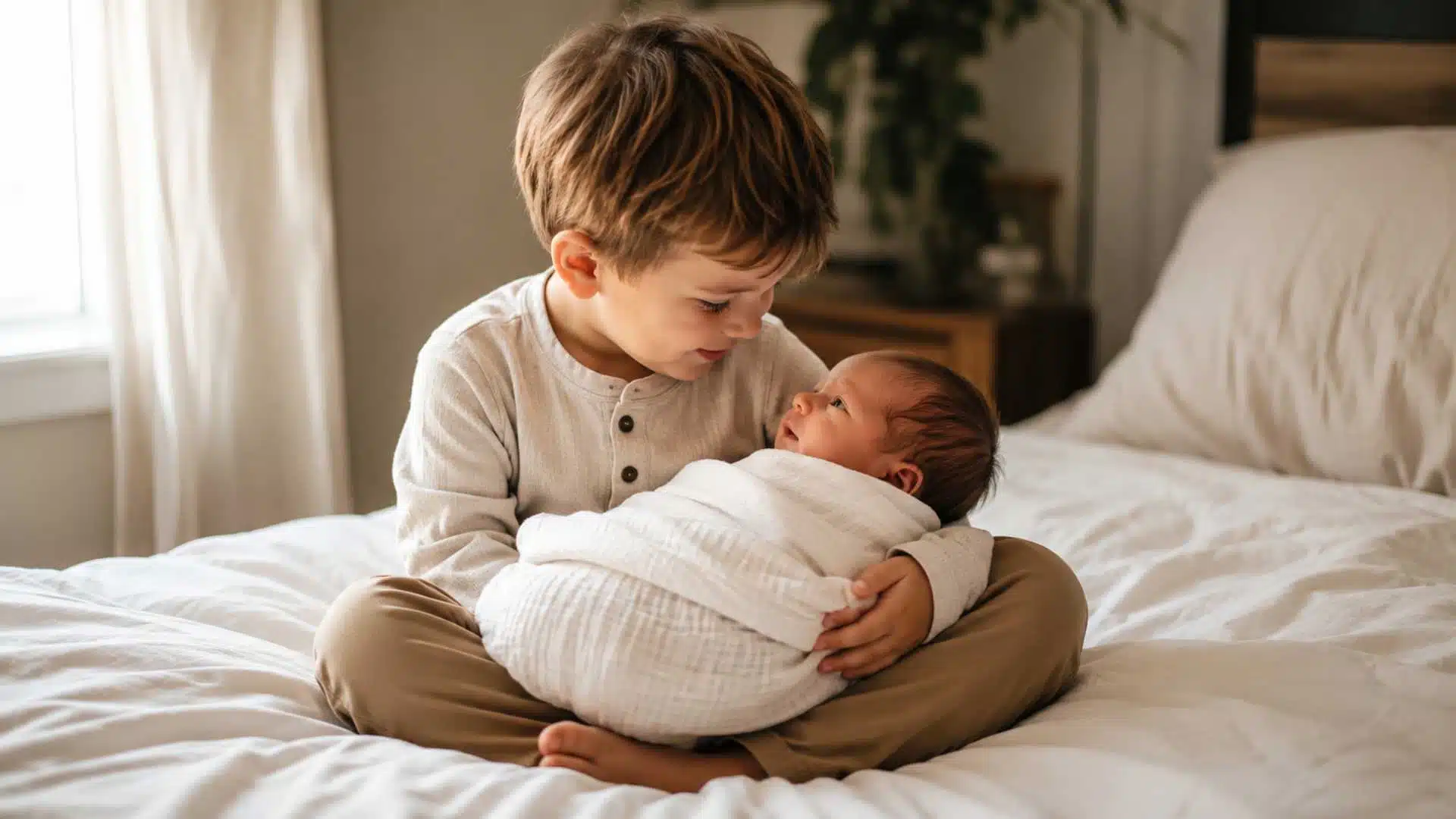 Toddler boy in neutral Henley and khaki pants holding newborn sibling in family photo session