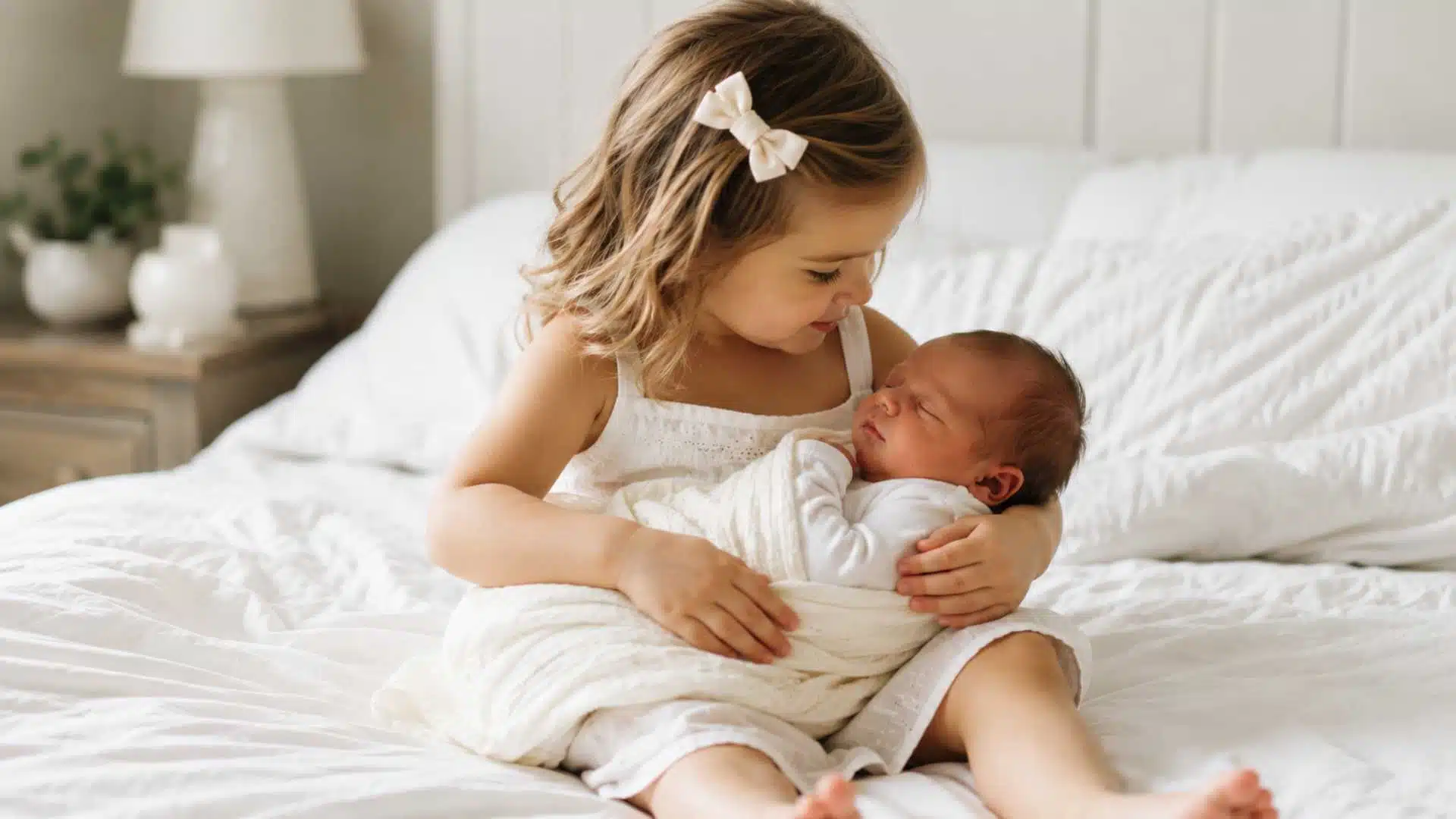 Toddler girl in white sundress with newborn sibling during coordinated family photo session
