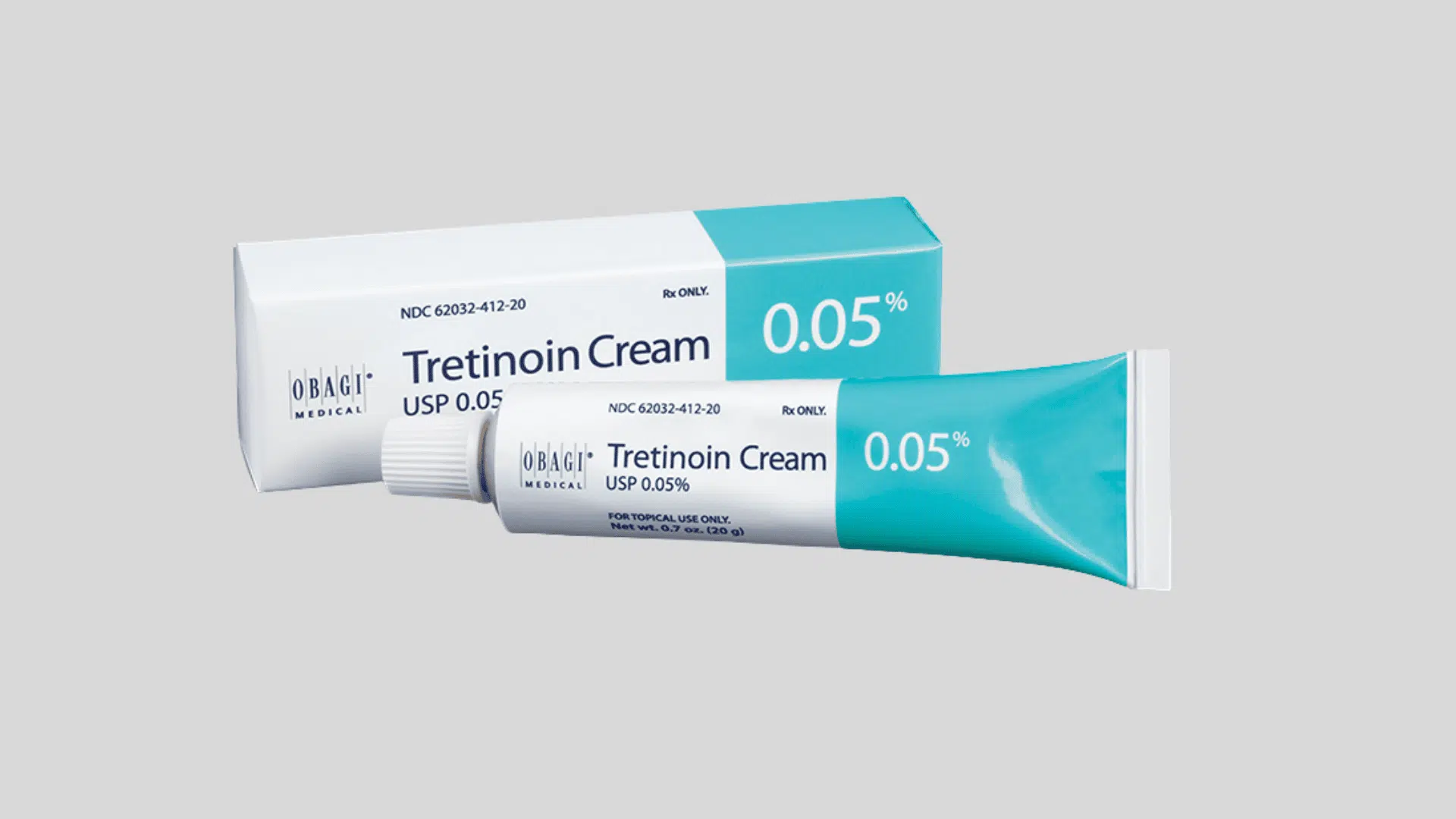 Tretinoin cream 0.05 percent tube and box for prescription acne and skin texture treatment